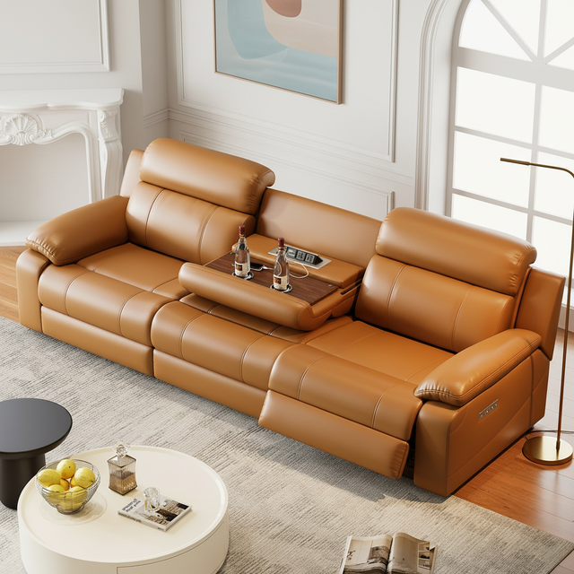 Power Recliner Sofa CE Orange Leather Zero Wall with 2 Cup Holders Modern Living Room Home Theater Wholesale Furniture Supplier