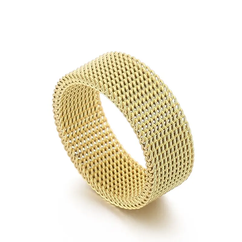 Joyería de acero inoxidable a la moda, pareja libre de deslustre, banda de malla dorada Flexible, anillo de dedo para hombres y mujeres