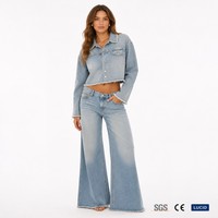 Ensemble veste courte en jean bleu clair délavé au soleil 10oz à ourlet brut et jean évasé à jambe large pour femme, style bohème, OEM XS-5XL