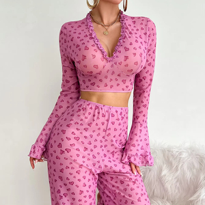 Conjunto de lencería de malla <span class=keywords><strong>transparente</strong></span> de manga larga erótica de Venta caliente Conjunto de ropa interior de mujer con estampado de corazón sexy - Product Image 3