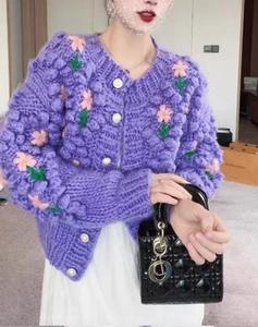 <span class=keywords><strong>Cardigan</strong></span> en tricot fait main pour femme, style automne doux, décoré de fleurs, manches longues, coupe courte pour filles - Product Image 1