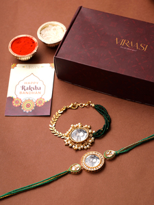 Ensemble élégant de bracelet Rakhi en fil vert Kundan et de bracelet de perles, collection de cadeaux festifs indiens Raksha Bandhan pour frère - Product Image 4