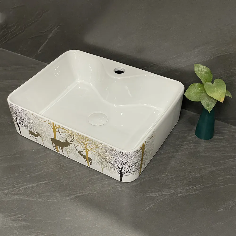 Lavabo de baño artístico europeo de excelente calidad, cuenco ovalado con patrón de reno, lavabos de cerámica de porcelana coloridos