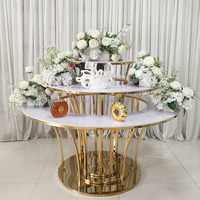 FURUN Hôtel Décoration De Mariage Location D'événement Glod Cadre En Acier Inoxydable Blanc Top Table 3 Niveau Rond Gâteau Stand