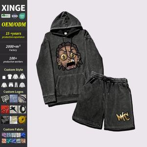 ชุดเซ็ตฮู้ดดี้และกางเกงขาสั้นพิมพ์ลายกราฟิกดิจิทัลสไตล์ฮิปฮอปวินเทจสำหรับผู้ชาย ไซส์ใหญ่  ชุดลำลองสำหรับเล่นบาสเก็ตบอลและออกกำลังกาย - Product Image 1