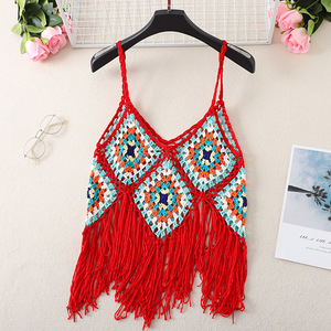 Nouveau <span class=keywords><strong>Gilet</strong></span> Court <span class=keywords><strong>Femme</strong></span> Tendance en <span class=keywords><strong>Crochet</strong></span> Fait Main avec Patchwork et Pompons, Style Urbain Sans Manches pour l'Été - Product Image 5