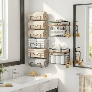 Porte-serviettes mural en métal moderne avec étagères de rangement multi-niveaux pour salle de bain - Product Image 5