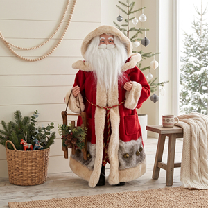 Hooded <b>Red</b> Robe Santa Claus Figure with Wooden Sled <b>Ornament</b> for Farmhouse Entryway Xmas Decor - Product Image 1