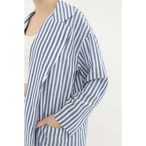 Blazer de Lino a Rayas para Mujer, Manga Larga, Transpirable, Tejido, Color Índigo - Product Image 6