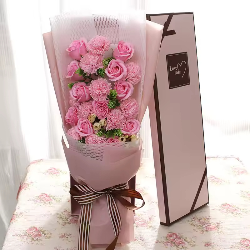 Pink rose + pink carnation bouquet + gift box