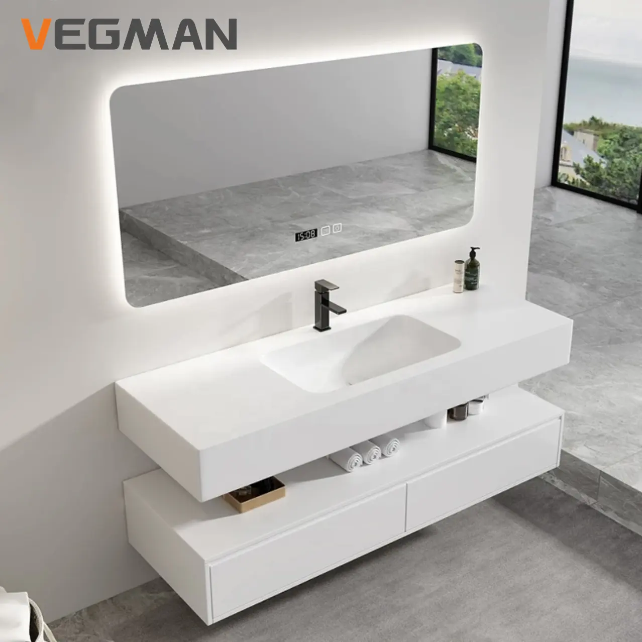 Modern Melamine Bathroom Vanity Cabinets Handless Design Wall Mounted Custom LED Mirror Bathroom Vanities