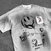 Camiseta Holgada de Manga Corta con Estampado de Graffiti Smiley, Estilo Retro Americano, Lavada y Desgastada