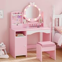 Ensemble Coiffeuse Moderne en Bois pour Enfants avec Lumières LED, Étagères de Rangement et Chaise de Maquillage Princesse pour Filles - Vente en Gros pour Salon