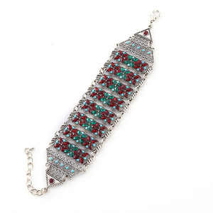 Bracciale Rigido Largo in Stile Etnico con <span class=keywords><strong>Perline</strong></span> Argento Blu e Rosso Vino <span class=keywords><strong>per</strong></span> Donne, Cornice in Metallo Retrò Anticato - Product Image 6