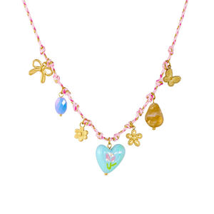 甜美创意女式不锈钢吊坠项链流行盒链带爱心星星蝴蝶结编织绳锆石主石 - Product Image 1