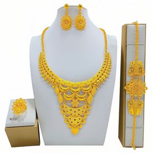 Ethnic Gold Plated Jewelry <b>Set</b> Necklace Earrings Ring <b>Bracelet</b> Wedding Women's Fashion Floral Design 22k Plated - Product Image 2