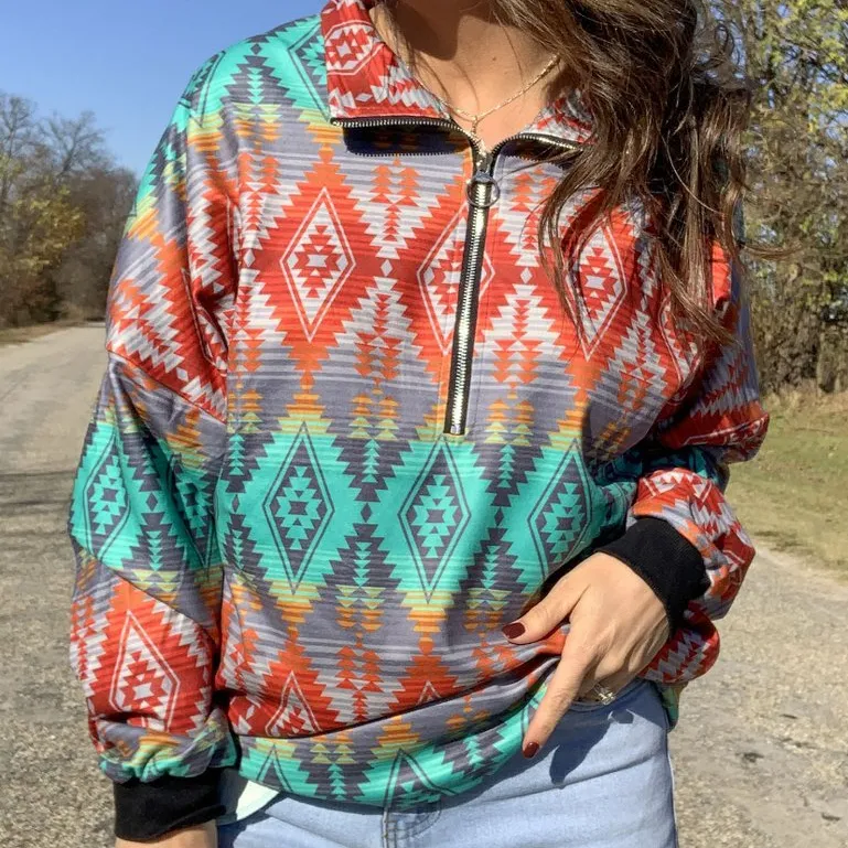 2023 Frauen Langarm Vintage Aztec Style Print Reiß verschluss Hoodie Loose Tops