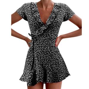 Robe d'été A-Line pour femmes Sweet Elegant Floral Ruffles V-neck Bandage Short Dress for Lady Chic Flowers Mini Dress - Product Image 3