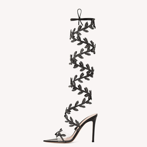 รองเท้าส้นสูงแบบรัดข้อเท้า สายไขว้ยาว ประดับใบไม้วิบวับ สำหรับผู้หญิง ดีไซน์เซ็กซี่ สายรัดเส้นเดียว ปลายแหลม ส้นเข็ม - Product Image 3