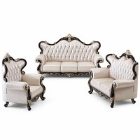Ensemble de canapés en cuir de luxe 3+2+1, blanc crème, style européen classique, meubles de salon, structure en bois de caoutchouc, sculpture dorée