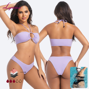 LYNMISS New Arrival Fashion <strong>Purple</strong> Women's Menstrual <strong>Bikini</strong> <strong>Set</strong> OEM 2-Piece Leakproof Anti-UV Period Swimwear Halter&amp;Lace Plant - Product Image 1