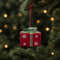 Ornement de Noël en argile en forme de boîte cadeau, breloque suspendue flocon de neige rouge, décoration de sapin de Noël pour fêtes et décoration intérieure saisonnière