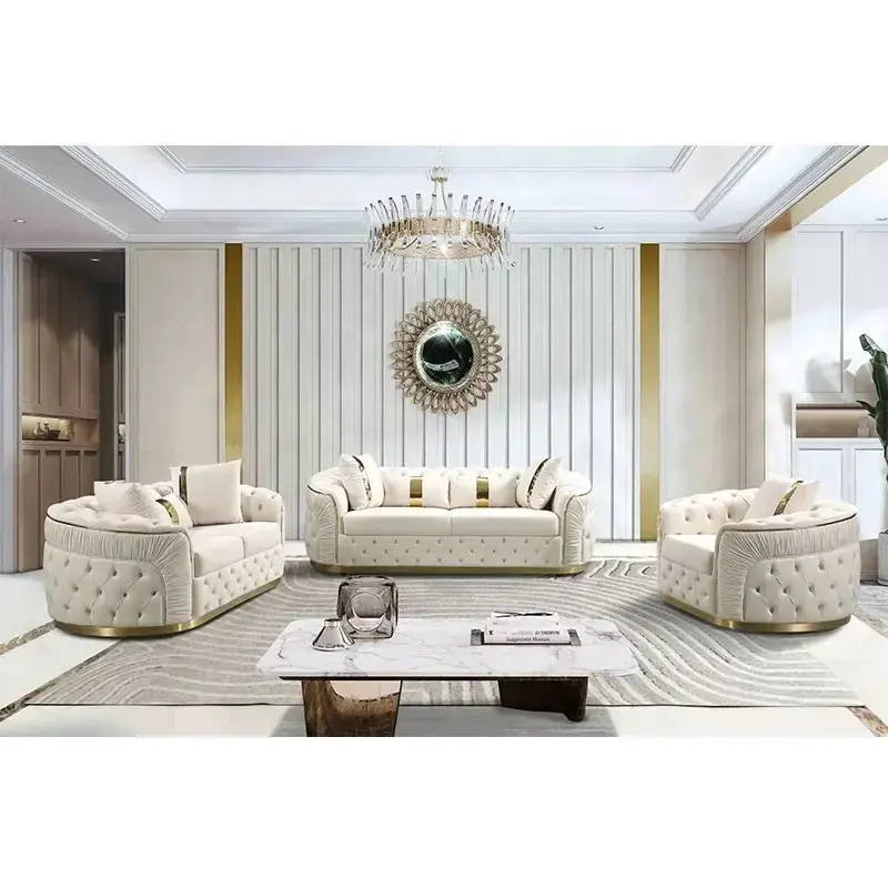 Venda quente Super moderno estilo América do Norte sofá conjunto 3 + 2 + 1 lugares Top Grade Qualidade Ouro braço de metal Luxo sala de estar sofá