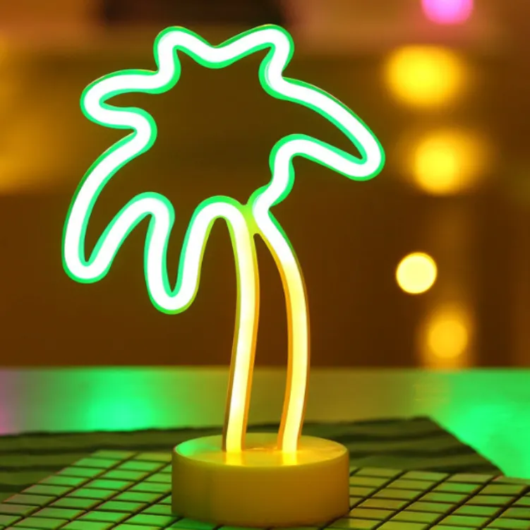 โคมไฟนีออน LED แบบตั้งโต๊ะรูปต้นมะพร้าวต้นกระบองเพชรสีสันสดใสโคมไฟตกแต่งคริสต์มาสไฟกลางคืน