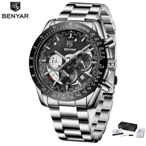 Montre de sport BENYAR 5120 pour homme, marque haut de gamme, noire, chronographe, acier inoxydable, étanche. - Product Image 6