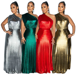 <span class=keywords><strong>Vestido</strong></span> Largo Metálico de Un Solo Hombro con Pliegues para Mujer, <span class=keywords><strong>Vestido</strong></span> de Noche sin Mangas, <span class=keywords><strong>Vestido</strong></span> Brillante para Fiesta, Graduación o Evento Formal - Product Image 1