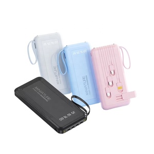 Custom Logo Slim Power Bank 10000mAh 2A Fast Charging Built-in 4 Cables LED Light Lanyard Portable Battery Charger for Travel