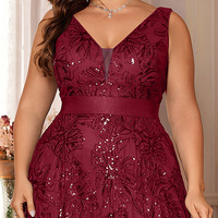 Robe de soirée formelle pour mère de la mariée, grande taille, bordeaux, à fleurs, en tulle et sequins, col en V, sans manches, coupe trapèze, longueur ras du sol