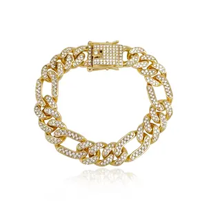 14mm Wide 14k gold Luxury Hip Hop micron Zircon joyerias figaro rhombu Link Chain Bracelet Silver Gold Plated jewelry women Mens