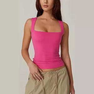 2025 para <span class=keywords><strong>Amazon</strong></span> Summer Collection, camiseta informal sin mangas con cuello cuadrado para <span class=keywords><strong>mujer</strong></span>, chaleco de doble capa, Camiseta corta ajustada básica de punto - Product Image 4