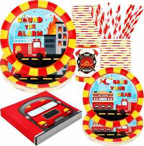 Assiettes en papier jetables OEM de 9 pouces, motif camion de pompiers CMYK, style moderne, fournitures de fête très vendues pour anniversaires et banquets d'équipe - Product Image 2