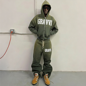 Men Knitted Polyester/Cotton Acid Wash Embossed Tracksuit Zip-Up Hoodie Sweatpants Set <b>Distressed</b> Embroidered Patch Streetwear - Product Image 1