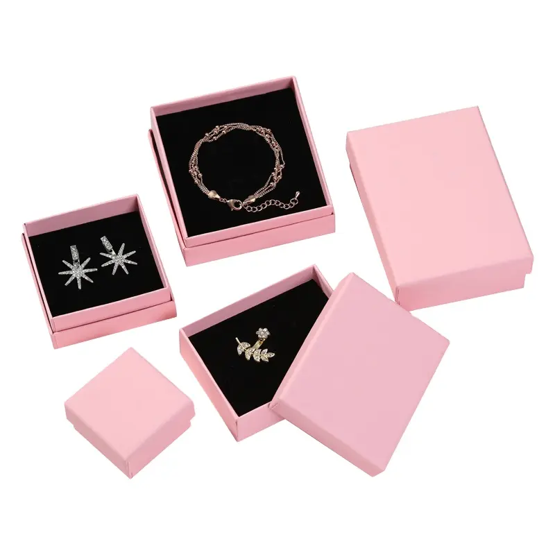 Commercio all'ingrosso logo personalizzato confezione di gioielli anello orecchino collana braccialetto rosa nero cartone scatola di gioielli in carta con coperchio