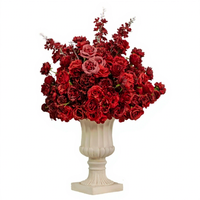 Susunan Bunga Mawar Sutra Merah Tua Mewah dan Hydrangea dengan Vas Romawi Putih, Dekorasi Meja Modern 30-80cm untuk Pernikahan