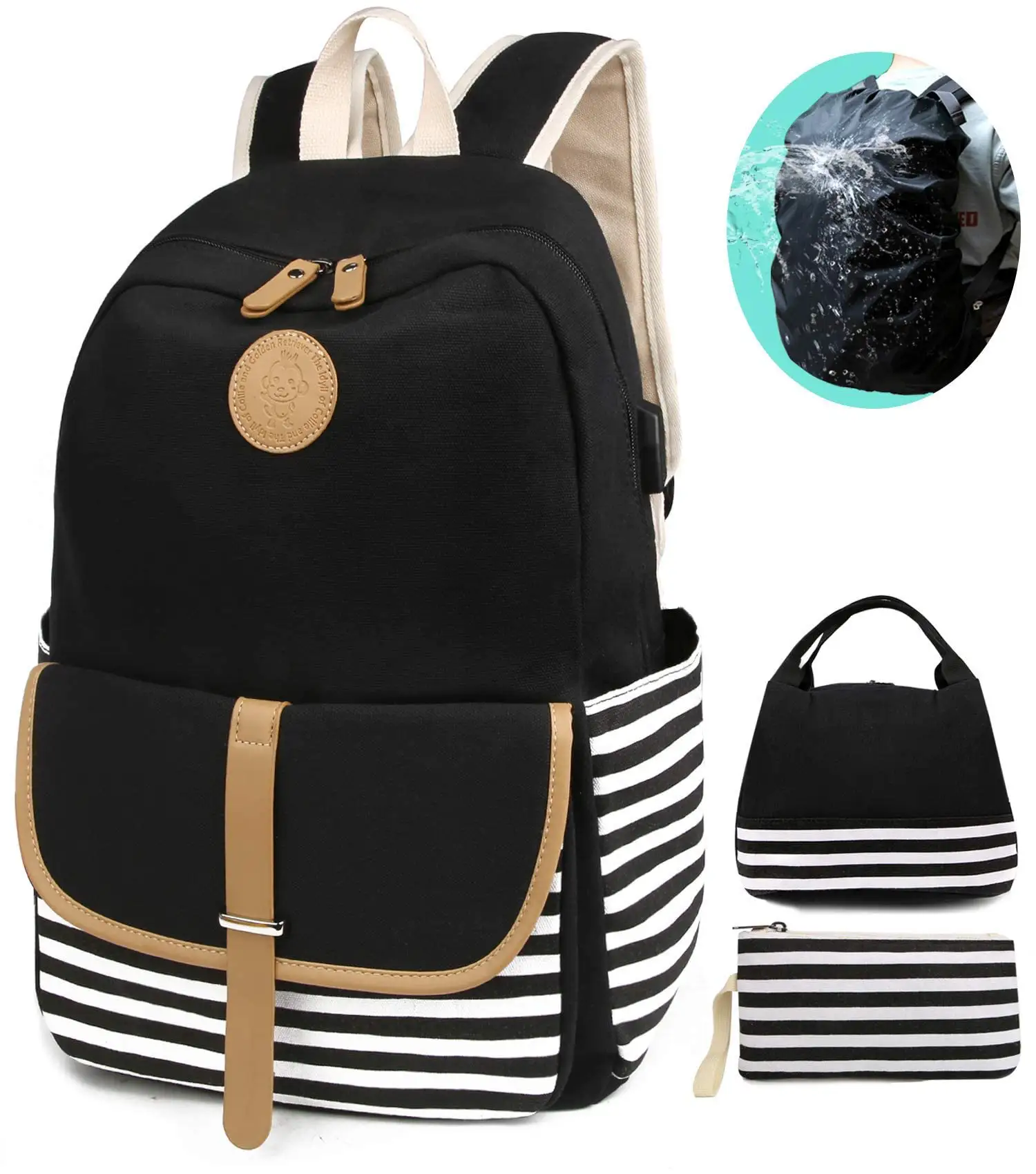 Nueva mochila de lona a rayas Mochila para estudiantes Bolsa de almuerzo aislada Conjunto de tres piezas Mochila de viaje de ocio