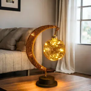 L lámpara de mesa de cuerda de cáñamo hecha a mano LED bola de hierro colgante forma de estrella alambre de cobre Luna Luz de noche de Navidad paisaje decorativo