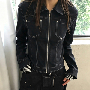 Women's Black Motorcycle Jacket Autumn Winter Eco-Friendly Windproof Zip Front Lapel Collar Denim-Style Rivet Decor Biker Coat - Product Image 3