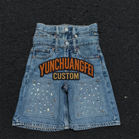 Fabricant de vêtements streetwear OEM ODM sur mesure : Shorts en jean bleu pour hommes, double taille, avec appliques en strass, style baggy