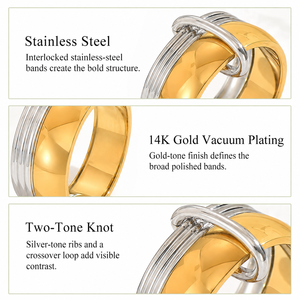 Bague à nœud bicolore en acier inoxydable plaqué or 14K sous vide, large bande entrelacée avec détail nervuré argenté - Product Image 4