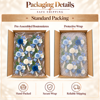Boutonniere Anggrek Mawar Sutra Buatan Tangan Biru Putih dengan Clematis Eucalyptus untuk Pemotretan Pernikahan