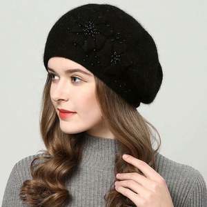 Autumn Winter Rabbit Fur Beret Beanie Cap <b>Old</b> Women <b>Lady</b> New Two Layer Knitted Warm Hat With Pearls Flower - Product Image 3