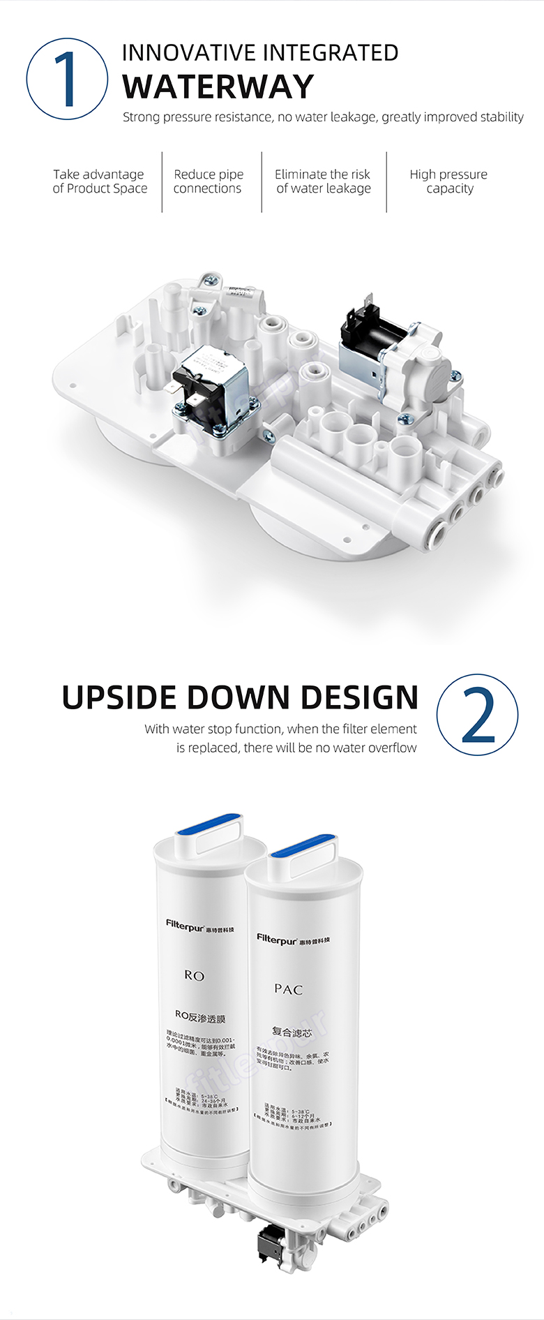 Filterpur 400G 600G 800G 2 stages undercounter ro pipeline water purifier cabinet