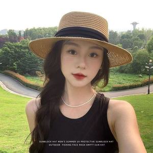 French Style Flat Top Straw <b>Hat</b> For <b>Women</b> Large Size <b>Summer</b> Sun Protection Beach <b>Hat</b> Solid Color Woven <b>Hat</b> - Product Image 5