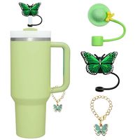 Lot de 3 capuchons de paille papillon en silicone avec breloque papillon et chaîne pour gobelet à poignée
