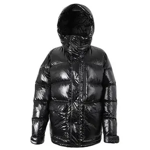 Black custom Logo brand hooded plus size nylon glossy shiny down puffer bubble jacket men