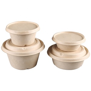 Eco Biodegradable 500 ml disposable sugarcane bagasse salad bowl sets bamboo tableware bio soup bowl with lid